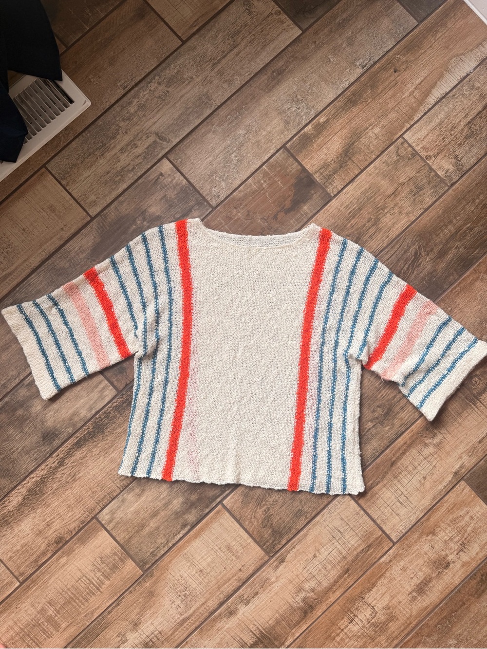 Cream Striped Cozy Knit Sweater with Blue & Coral Accents